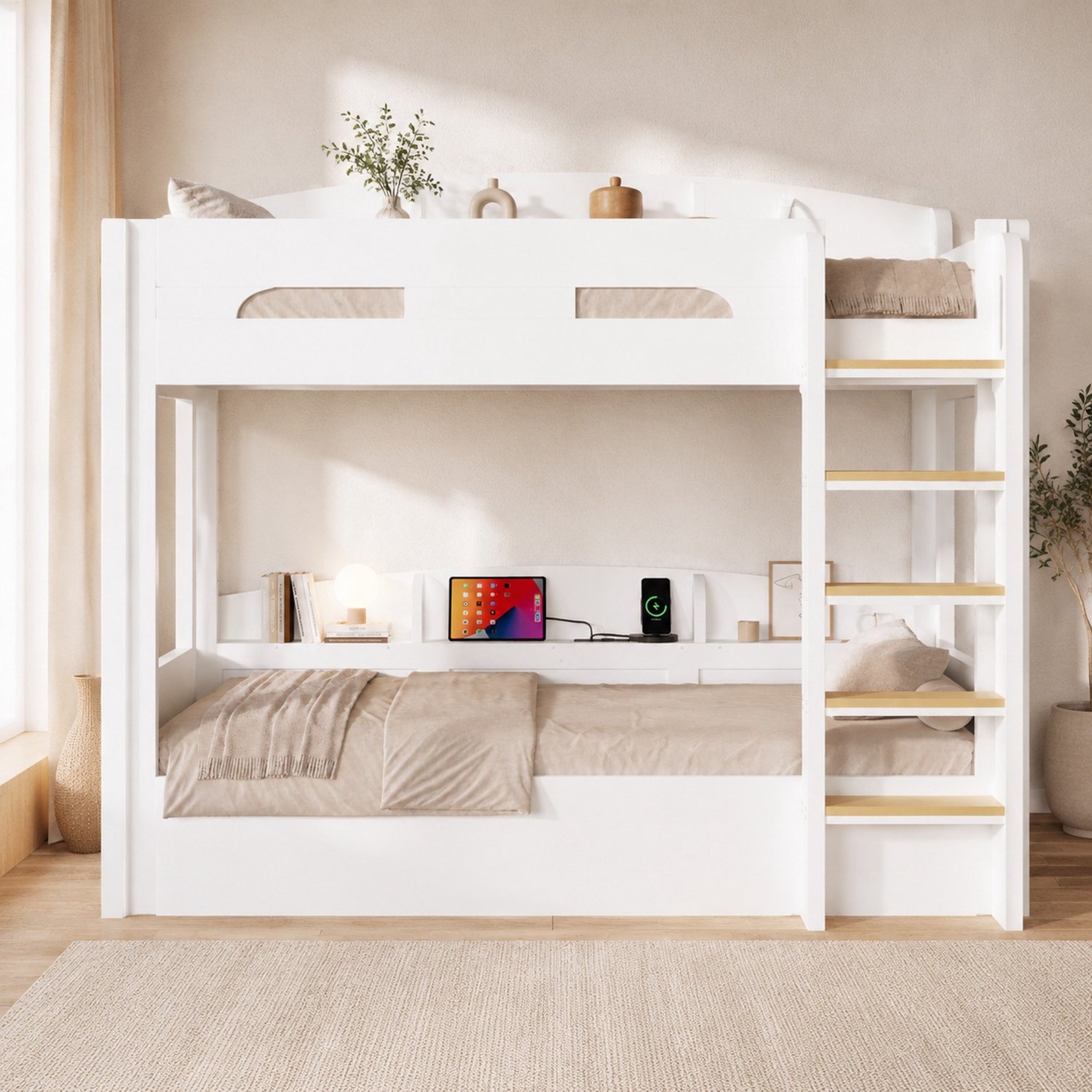 WUVRIE Stapelbed 90x200 cm - Twee slaapplaatsen met USB-aansluiting en opbergvakken - Wit