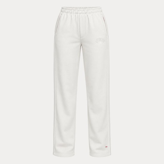 Beige Muscle Up sportbroek met elastische tailleband, zijstrepen en 'MU' logo onderaan.