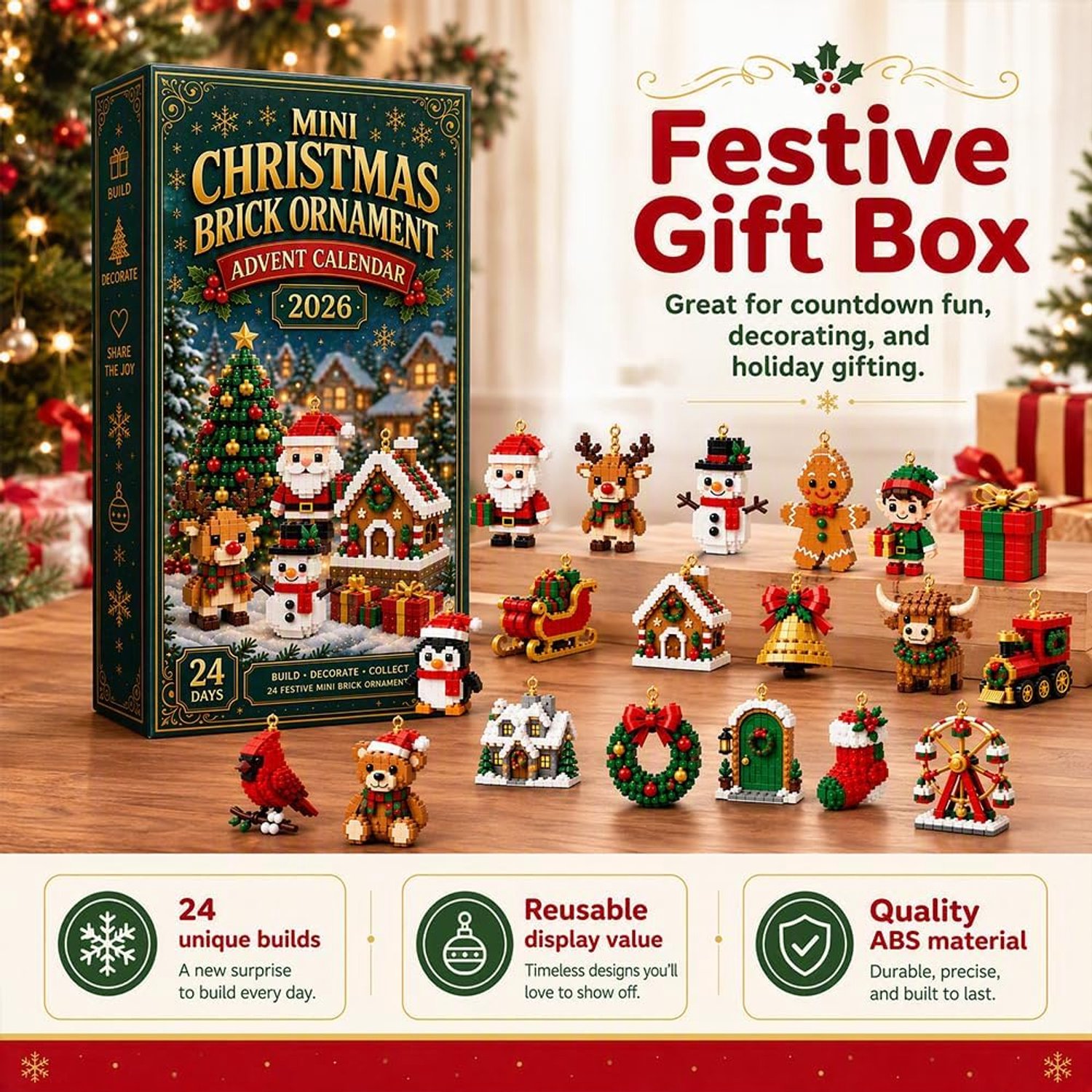 Adventskalender 2026 - kerstkalender - kerst adventskalender - 24 ornamenten - adventskalender kinderen - kerstversiering - kerst cadeautjes - Feestelijke Sfeer Creëren - Kerst Cadeau - voor Kinderen en Volwassenen – foto 2