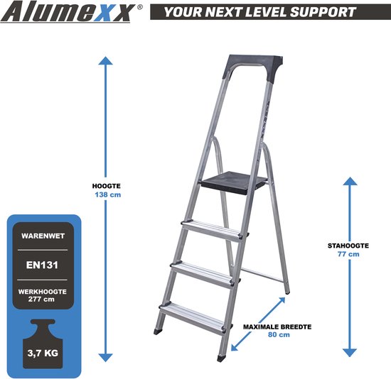 Alumexx huishoudtrap met 4 treden, 77 cm stahoogte en 277 cm werkhoogte, gewicht 3,7 kg.
