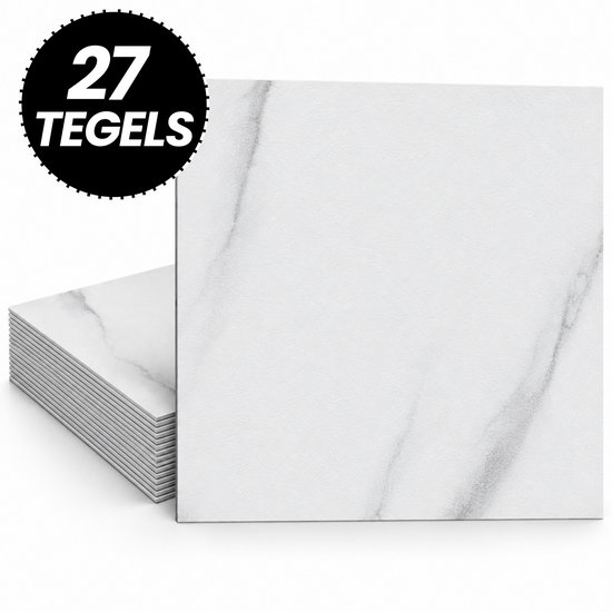 Stapel witte marmeren tegels met grijze aders en een zwart label met '27 TEGELS'.