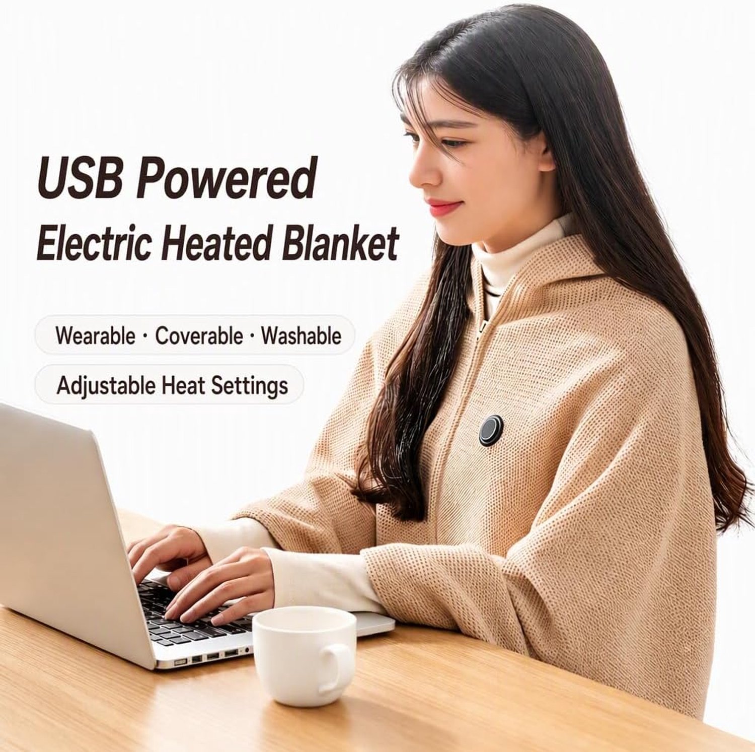 Elektrische deken - 150x80cm - Blanket Hoodie met 3 Standen - op USB - Warmte Poncho - met Rits - Hitte Deken - Licht en zacht - Draagbare verwarmde omslagdoek - Voor Dames & Heren - deaal Wintercadeau - Beige – foto 3
