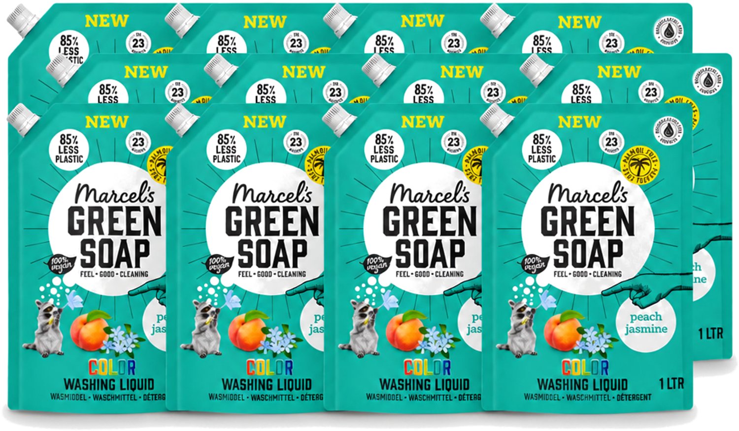 12 x Marcel's Green Soap - Vloeibaar Wasmiddel - Kleur - Navulling - Perzik & Jasmijn - Effectief & natuurlijk - 23 Wasbeurten - 1 liter - Voordeelverpakking - 12 stuks