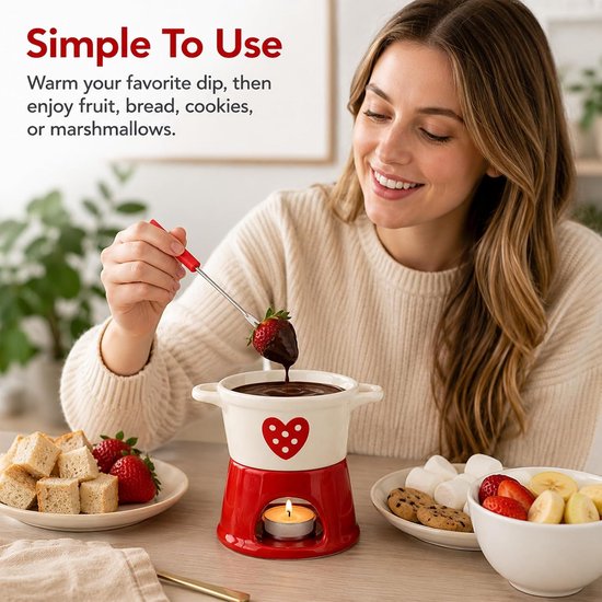 Chocoladefonduebeker - Mini-fonduebeker -Fonduebeker – Keramische chocoladesmeltbeker - Creatieve fonduebeker - Smeltbeker voor warme chocolademelk - Verwarmde smeltbeker - Verwarmde boter- en kaasbeker - Met vork - Kaars niet inbegrepen - Rood — afbeelding 2