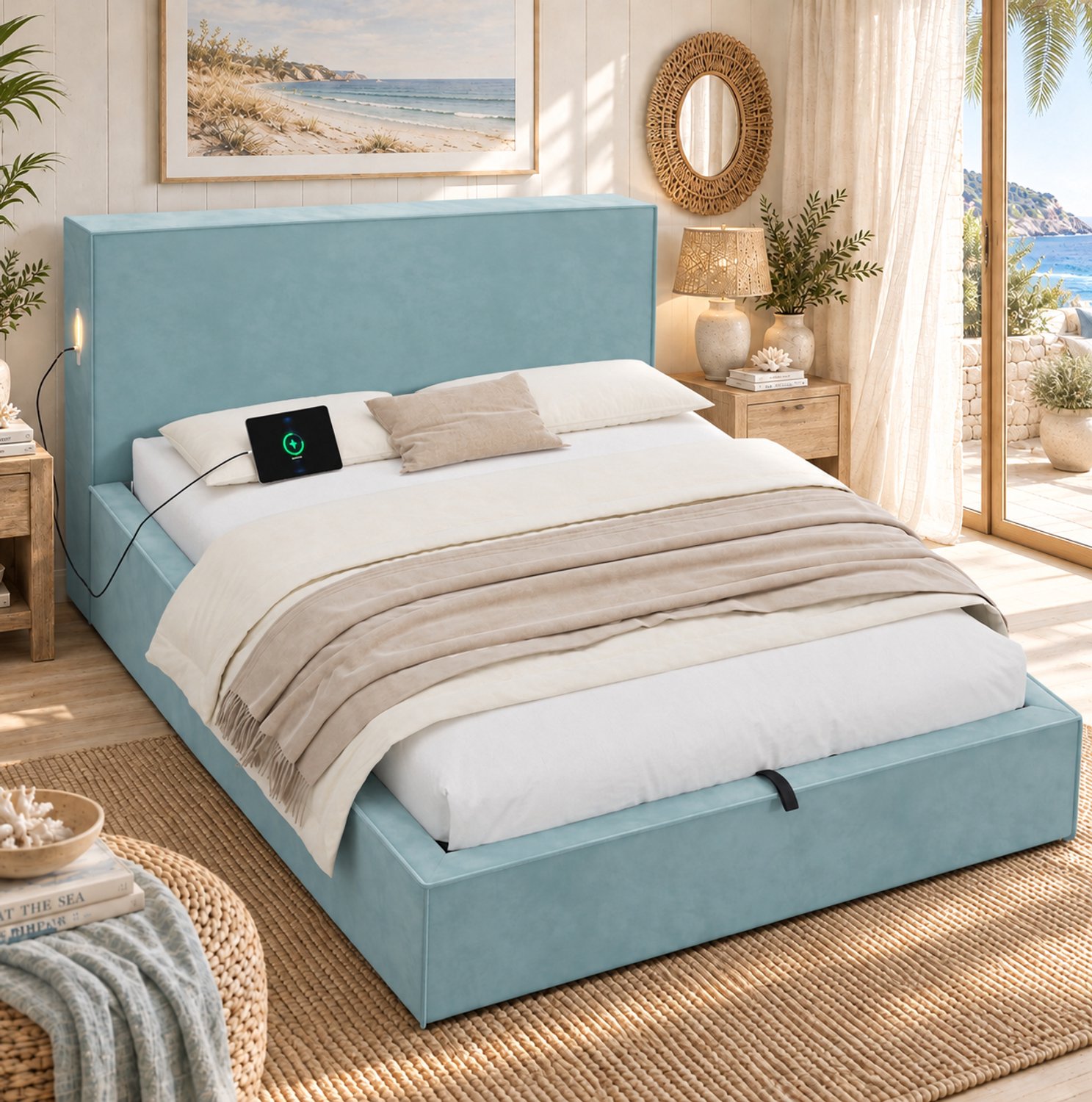 WUVRIE Gestoffeerd bed 140x200 cm - Hydraulische opbergruimte en lattenbodem - Blauw fluweel