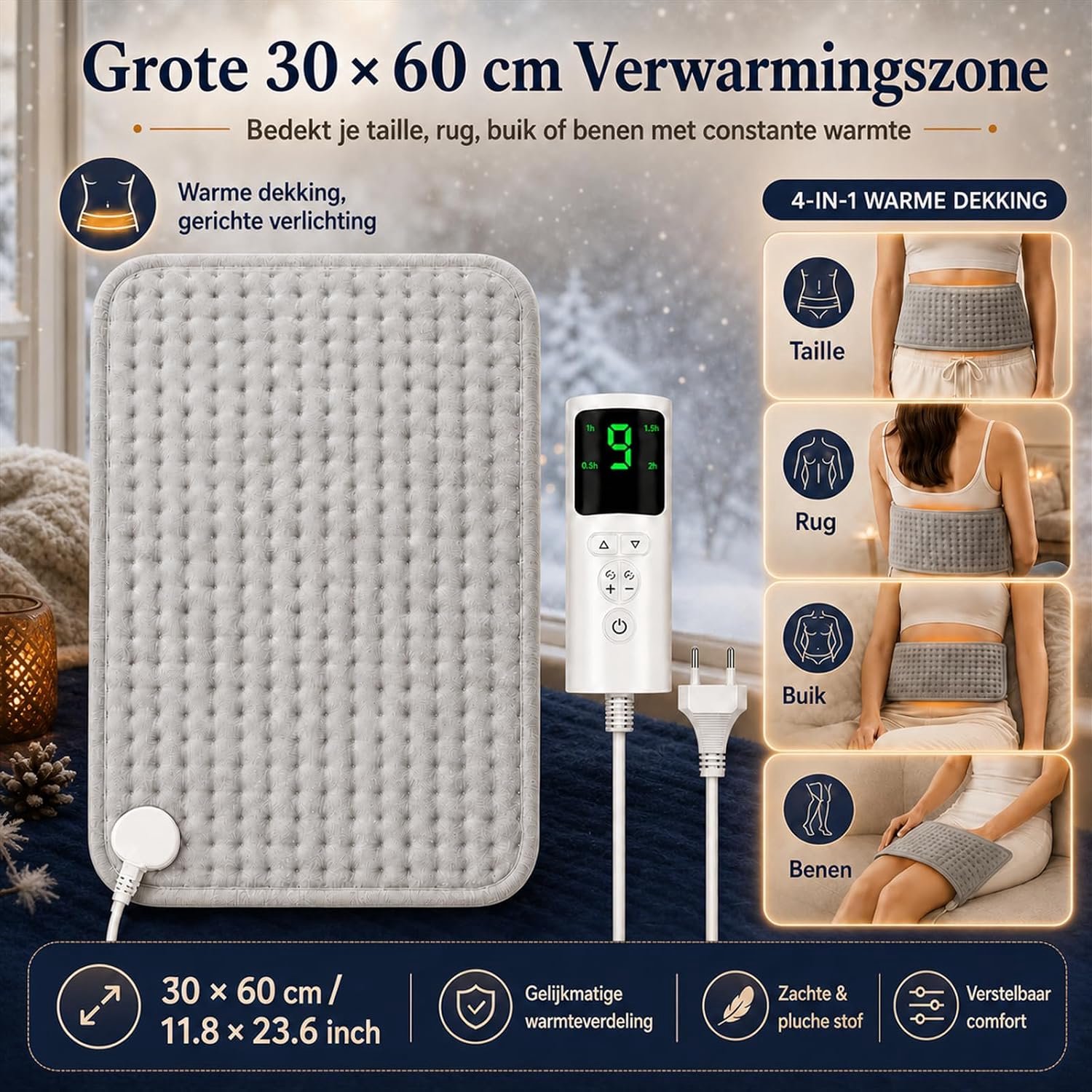 VHV-Elektrische deken 30x60cm - 9 temperatuurinstellingen, 4 timerfuncties - 75W wasbare elektrische deken met automatische uitschakelfunctie - Grijs – foto 3