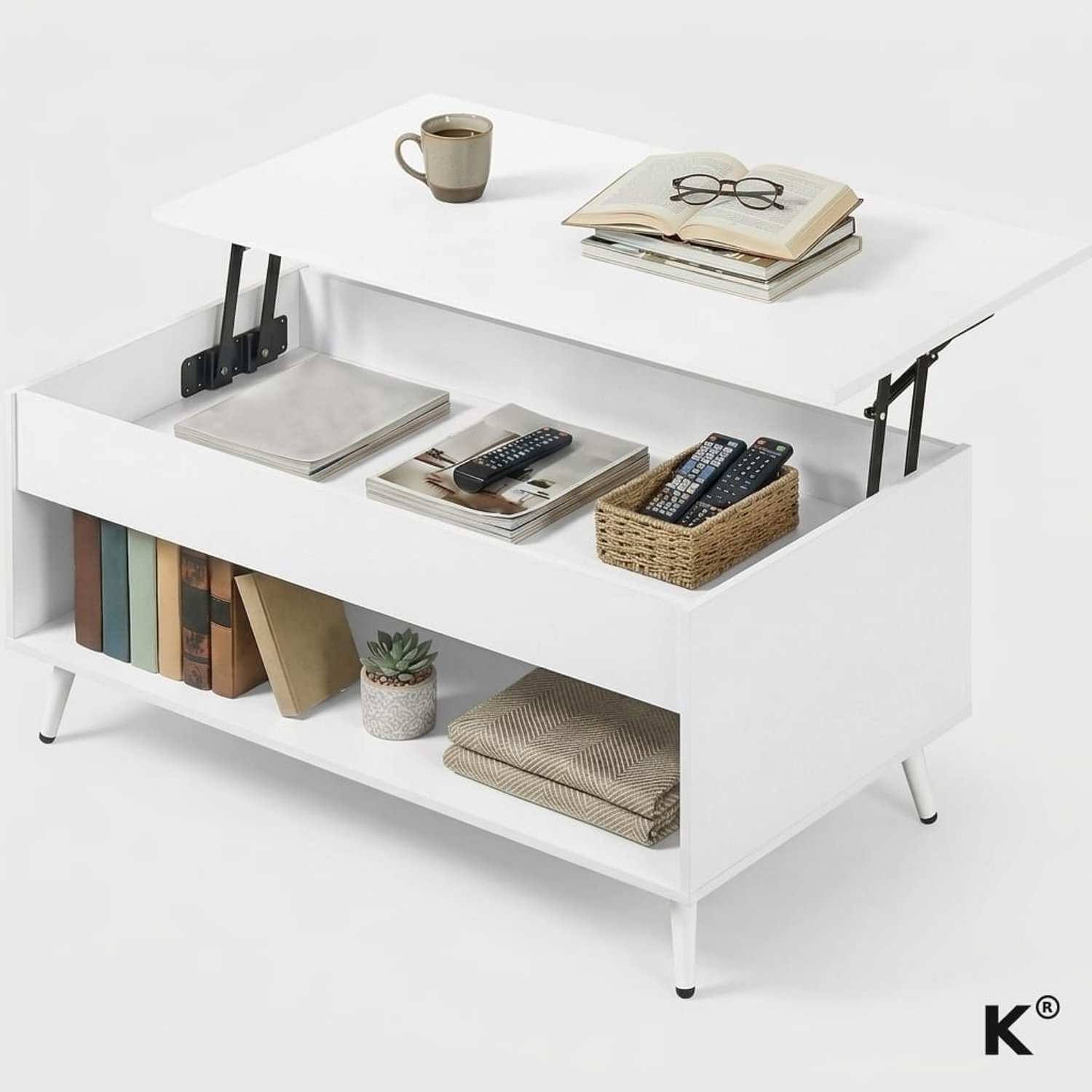 Klarven Salontafel Wit - Salontafel met Opbergruimte - Verhoogbare Salontafel - Salontafel - In Hoogte Verstelbaar - Liftsysteem - Opbergvak - Draagvermogen 100 kg