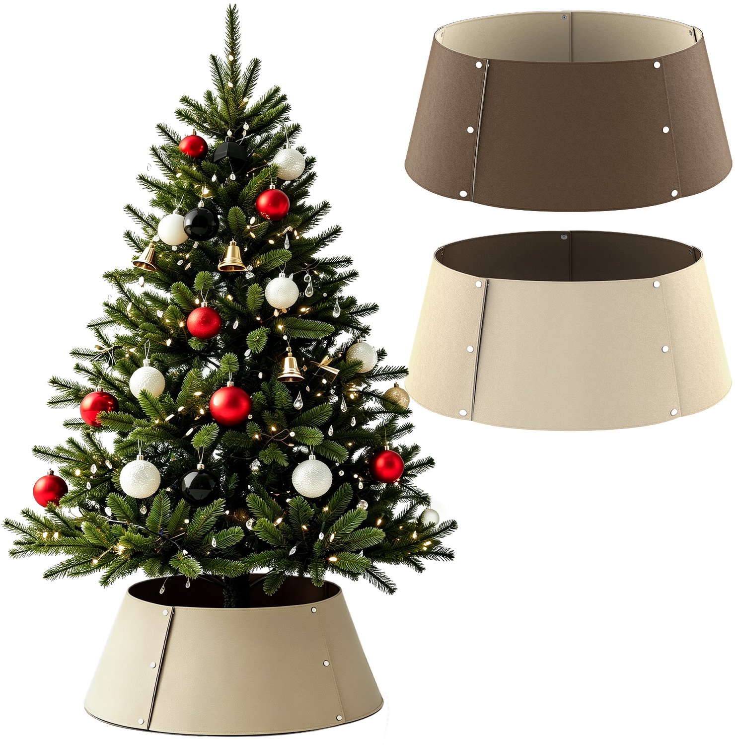 Soontrans Kerstboomkraag van Kunstleer, Omkeerbare Kerstboomstandaard Hoes in 2 Kleuren, Verstelbare Kerstboomvoet Afdekking tot 60 cm, Stijlvolle Kerstdecoratie, Beige en Bruin