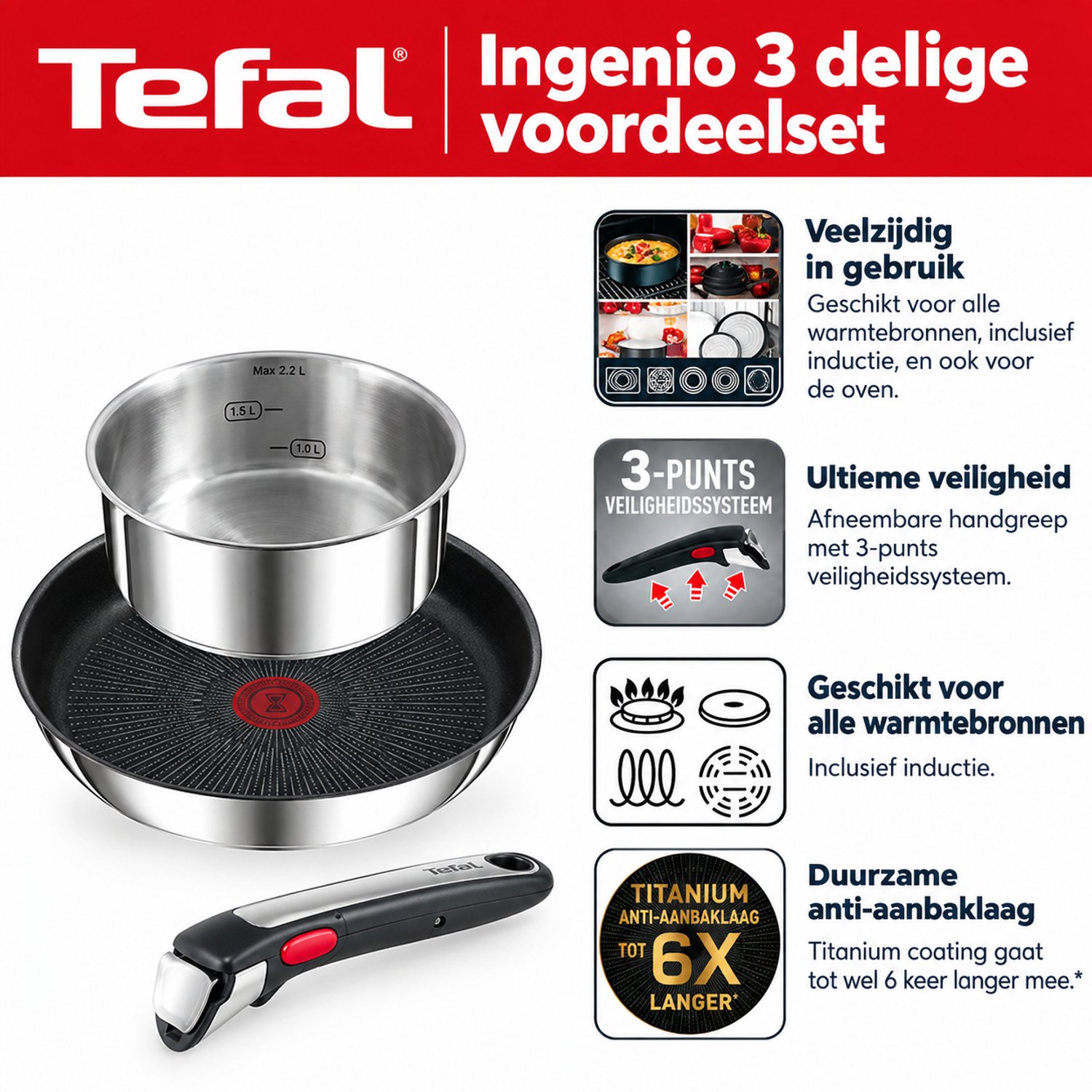 Tefal Pannenset met Afneembare Handgreep - Inductie, Anti-aanbak