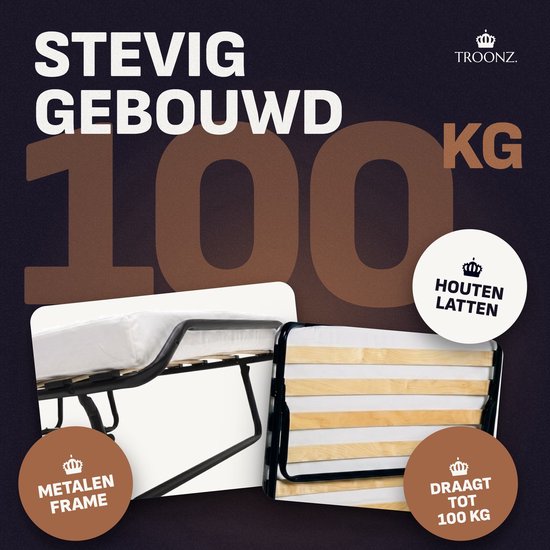 Troonz logeerbed met metalen frame en houten latten, belastbaar tot 100 kg.
