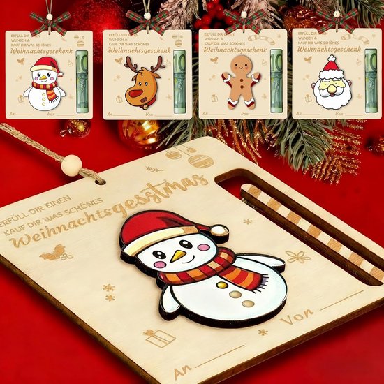Houten kersthangers voor geld met de tekst 'Weihnachtsgeschenk', versierd met een sneeuwman en plaid strikje.