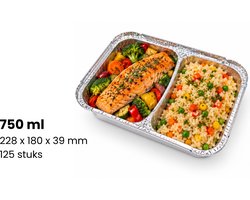 Aluminium bakjes 750 ml met 2 vakken en kartonnen deksel – 125 stuks – Extra stevig aluminium 70 µm – 228 x 180 x 39 mm
