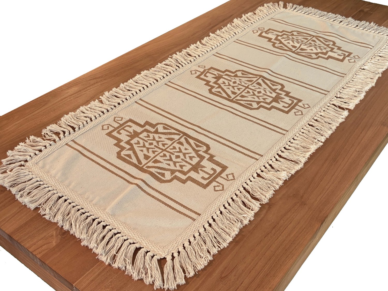 Kleedje - Loper - Tafelloper Katmandu - Kleur 6 - Crème met bruin - rondom franjes - 45 x 130 cm - kilim motief / symbolen