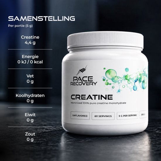 Pace Recovery creatinepot met voedingswaarde-informatie: 4,4 g creatine, 0 g vet, koolhydraten, eiwit en zout per portie.