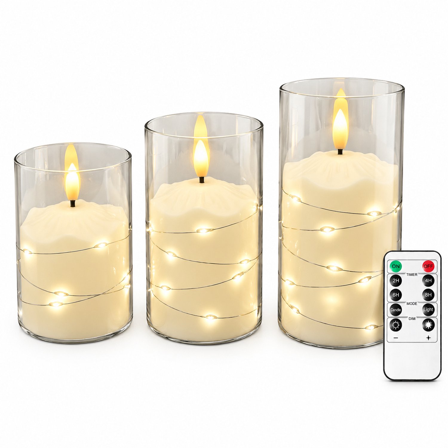 led kaarsen, set van 3 met afstandsbediening, transparante cilinders en decoratieve lichtdraad, zonder batterijen