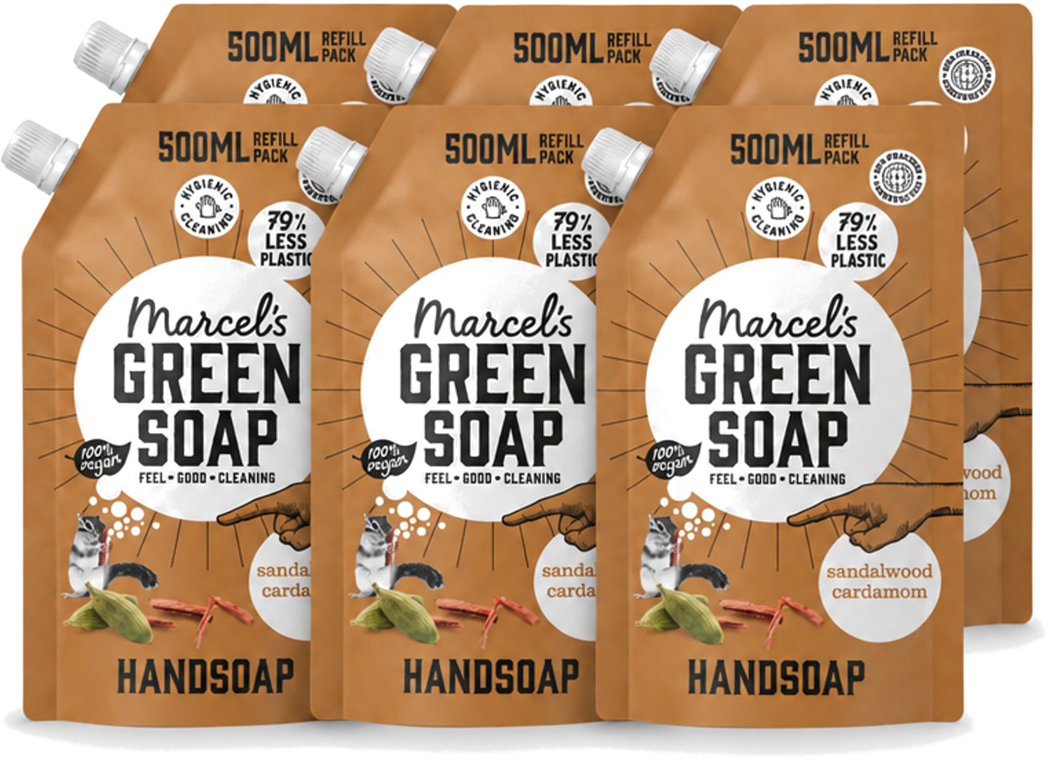 6 x Marcel’s Green Soap – Handzeep Navulling – Sandelhout & Kardemom – 500 ml - Voordeelverpakking - 6 stuks