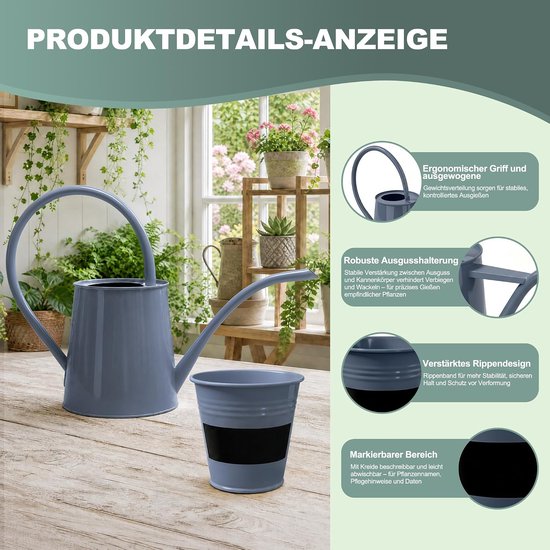 Mini-gieter en potset, roestvrij verzinkt ijzer, compact, voor binnen, voor cactussen, kruiden en kleine planten. — afbeelding 4