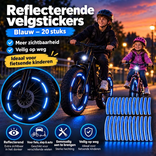 Blauwe reflecterende velgstickers (20 stuks) op fietswielen van kinderen bij zonsondergang voor betere zichtbaarheid.