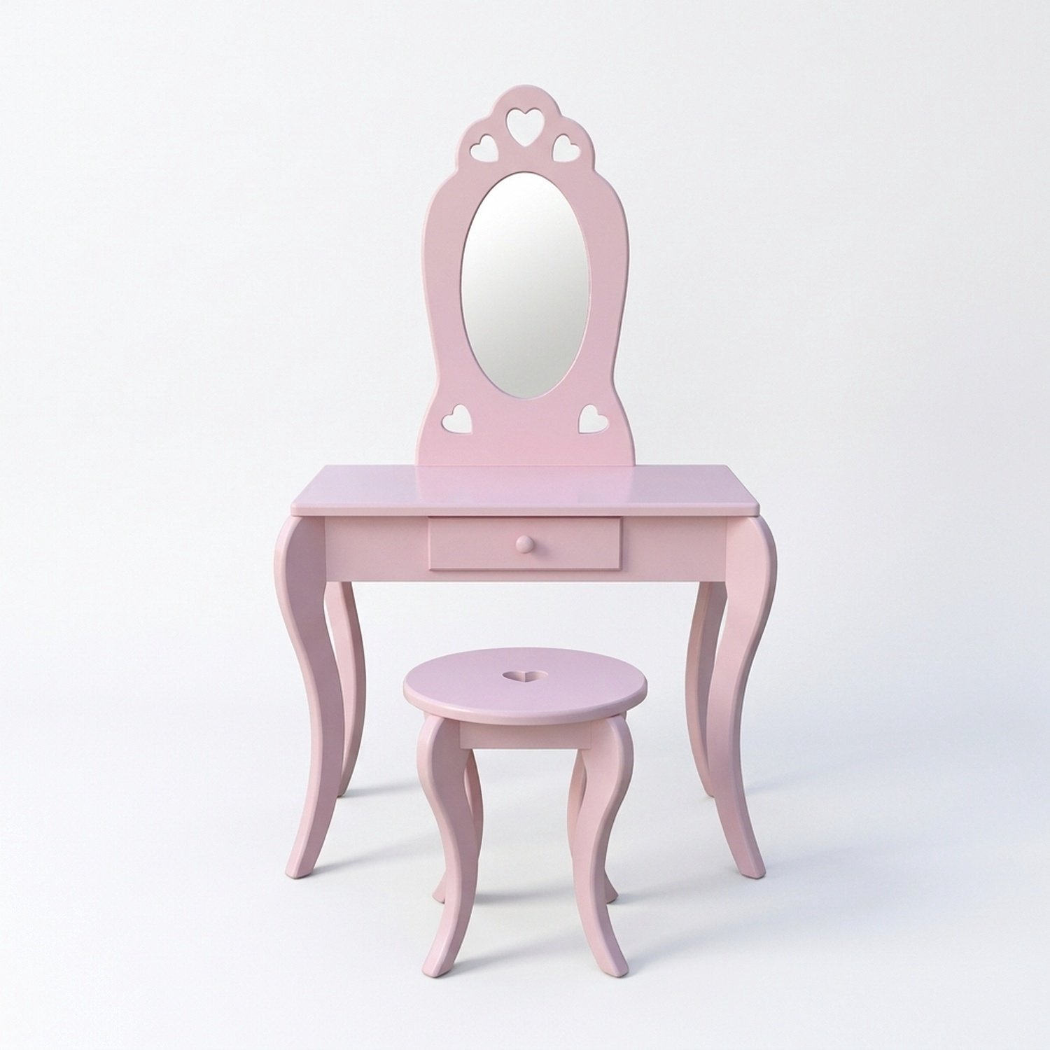 VDD Home - Kinderkaptafel met Spiegel en Krukje – Houten Make-up Tafel Meisjes – Kaptafel met Lade en Hartjes – Kinderkamer - Roze