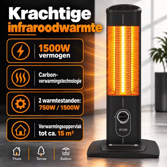 Zwarte ICQN infraroodkachel met 1500W carbontechnologie, verwarmt tot 15 m² en heeft 2 warmtestanden.
