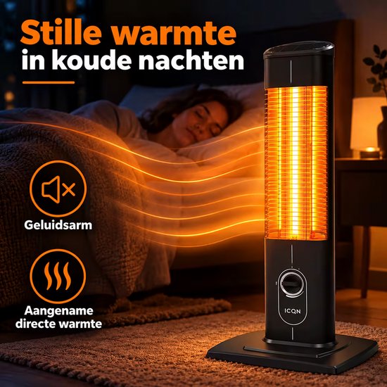 Stille zwarte ICQN infraroodkachel met oranje warmte gloed, ideaal voor rustige koude nachten.