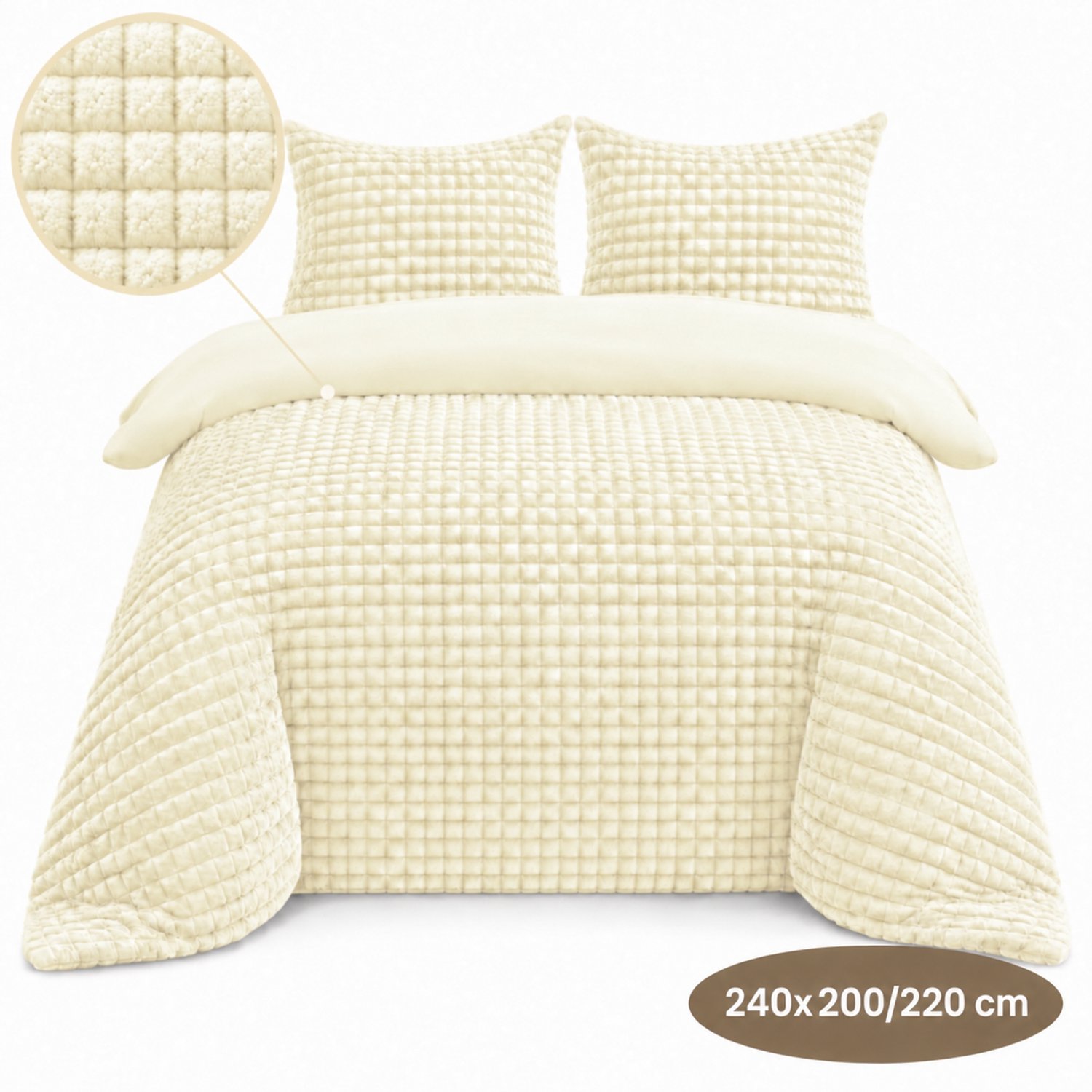 Roden Blue - Popcorn fleece dekbedovertrek set - 240x200/220 cm - Creme - Zacht - Anti-allergeen - Wasbaar