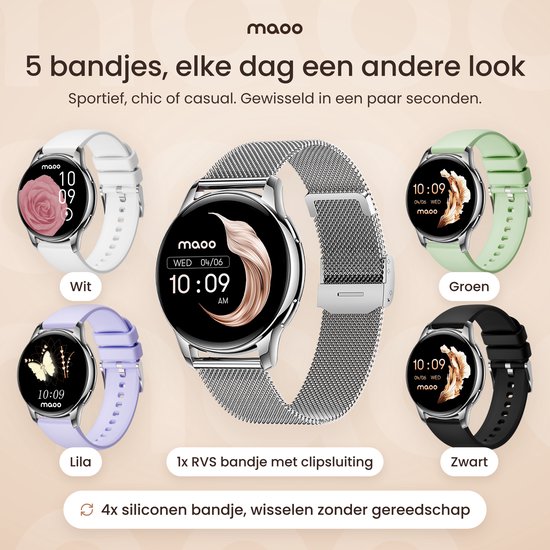 Vijf verschillende horlogebandjes in wit, groen, lila, zwart en zilverkleurig staal voor een variabele look.