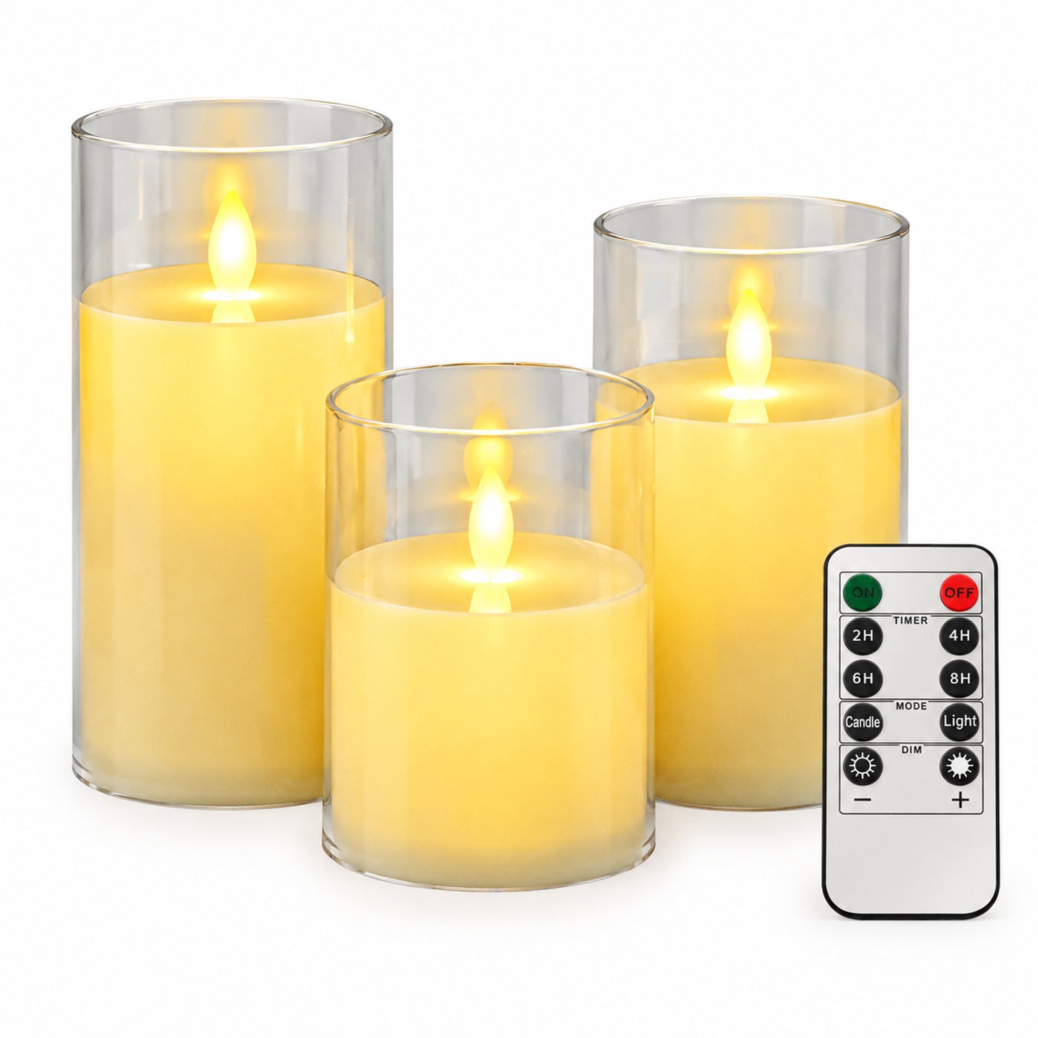 led kaarsen, set van 3 met afstandsbediening - ivoorkleurig, bewegende vlam en transparante kap - diameter 7,8 cm, hoogtes 10/12,5/15 cm
