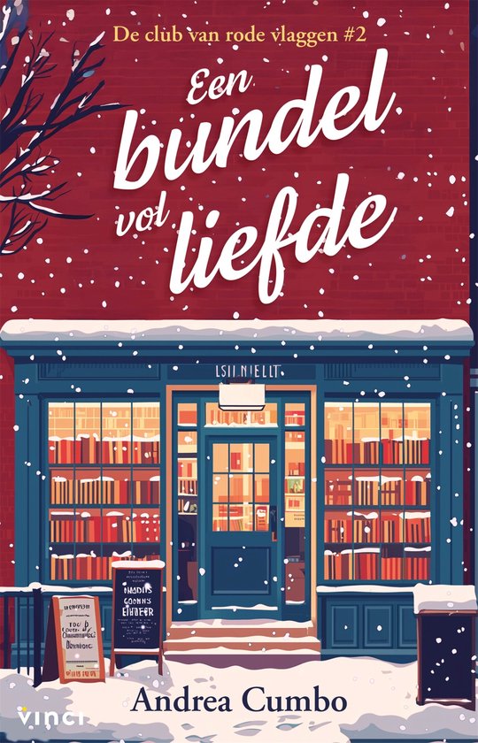 Boekomslag: Een bundel vol liefde, met een besneeuwde boekwinkel in de winter.