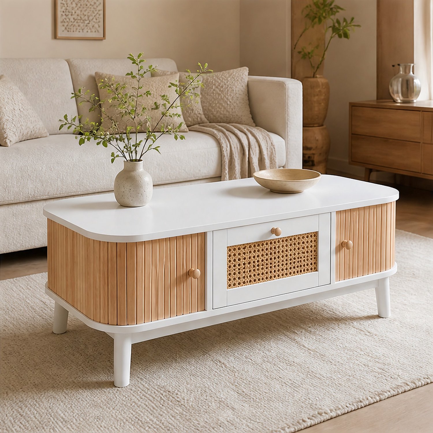 City long dragon LONG DRAGON - Salontafel - wit - MDF met rotanlades, houten deuren en massieve houten poten
