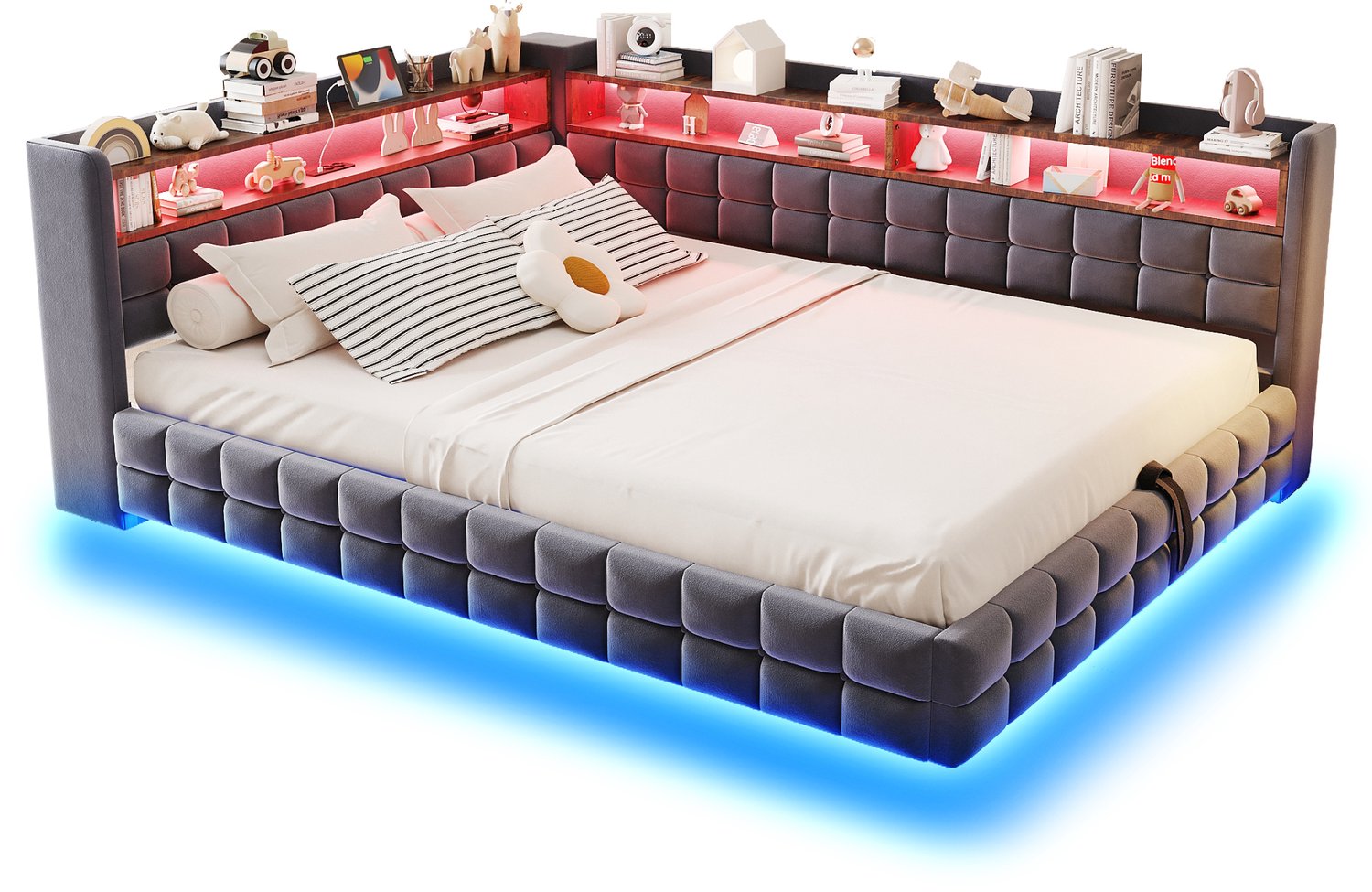 MUVANO Slaapbank 140x200 cm - gestoffeerd bed met hydraulische opbergruimte - fluwelen bed met ledverlichting, houten planken en USB-aansluiting, grijs