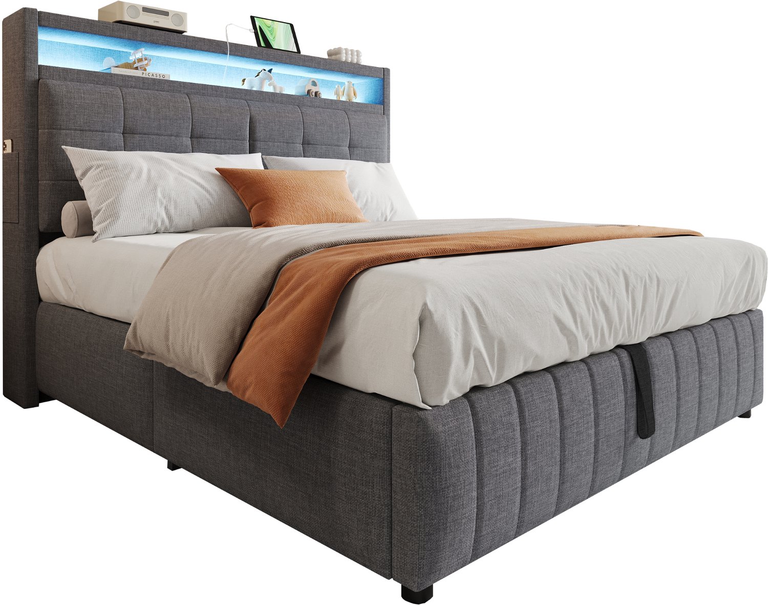 MUVANO Gestoffeerd bed 160x200 cm - grijs linnen bed met ledverlichting en USB-aansluiting - hydraulische opbergruimte, hoofdbord met planken voor slaapkamer