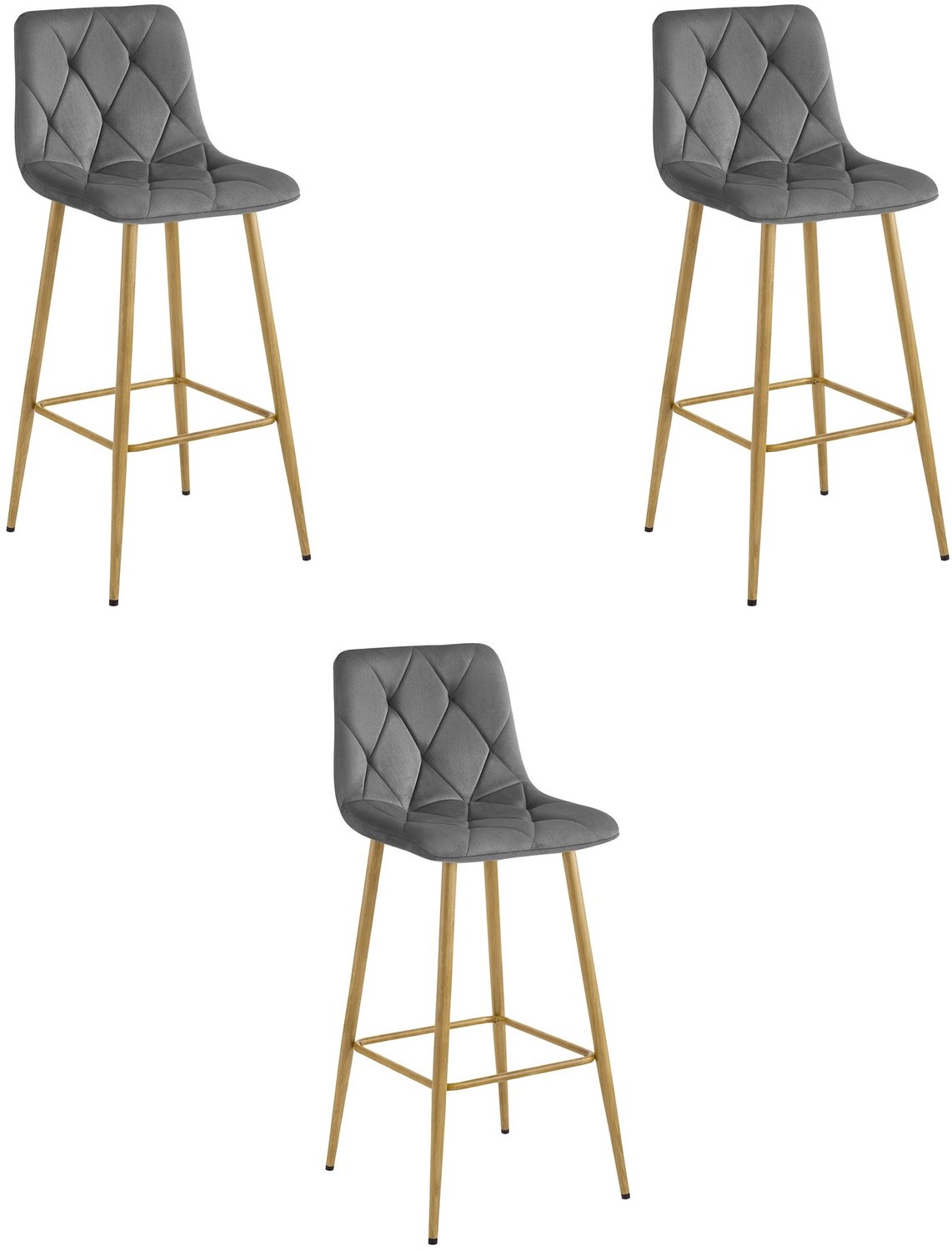 LEOBERT Set van 3 Barkrukken NADO – Donkergrijs Velvet / Fluweel – Gestoffeerde Barstoelen met Rugleuning en Voetsteun – Metalen Poten in Eikenlook – Modern Design – Voor Keukeneiland, Keuken, Bartafel en Thuisbar