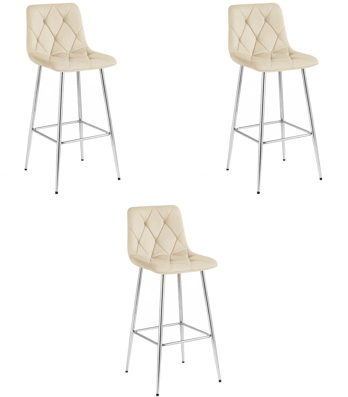 LEOBERT Set van 3 Barkrukken NADO – Lichtbeige Velvet / Fluweel – Gestoffeerde Barstoelen met Rugleuning en Voetsteun – Verchroomde Metalen Poten – Modern Design – Voor Keukeneiland, Keuken, Bartafel en Thuisbar