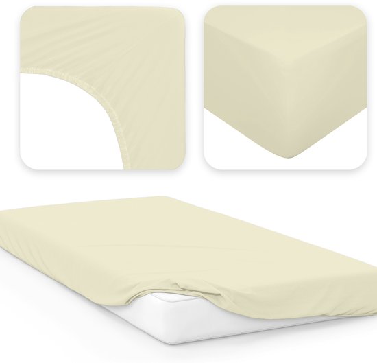 Beige hoeslaken getoond vanuit drie perspectieven, inclusief detail van de elastische rand op een wit matras.