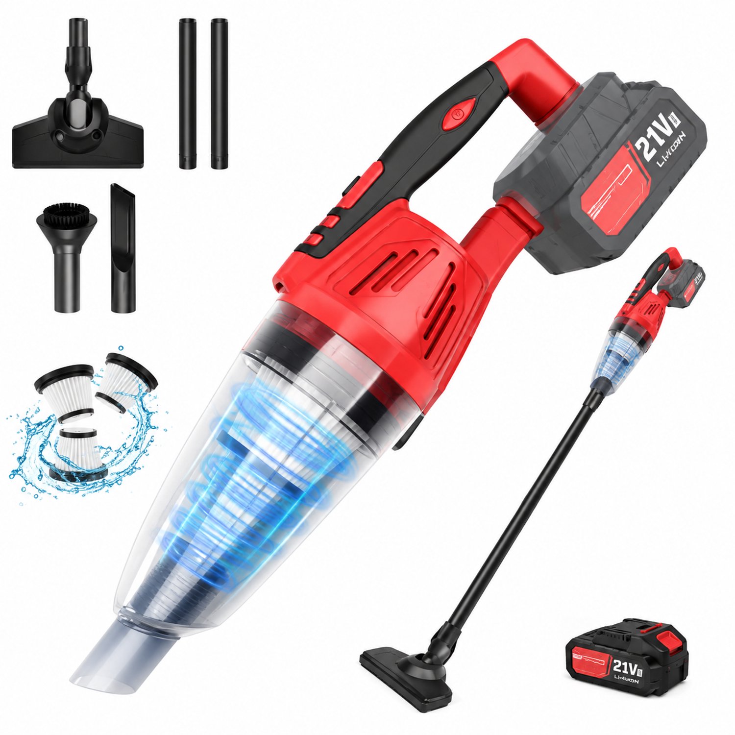 CreateEcom handstofzuiger - stofzuiger - handstofzuiger draadloos - Draadloze handstofzuiger met 1x 2200mAh batterij - Autostofzuiger met sterke zuigkracht - draagbare handstofzuiger en 3 filters rood
