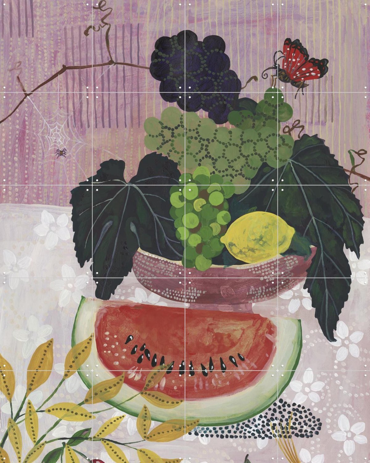 IXXI La Pastèque Et Le Raisin, Nathalie Lété - 80 x 100 cm - Grote wanddecoratie en posters - Schilderijen, Eetkamer, Woonkamer, Voedsel, Fruit Paars / Groen
