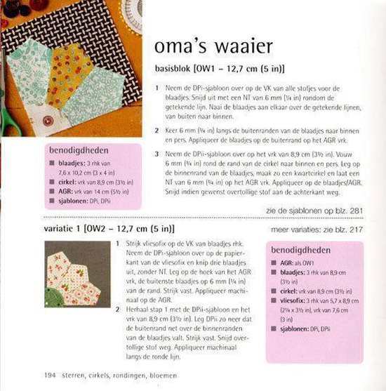Blad van een quilt met bloemenpatronen, naast instructies en benodigdheden.