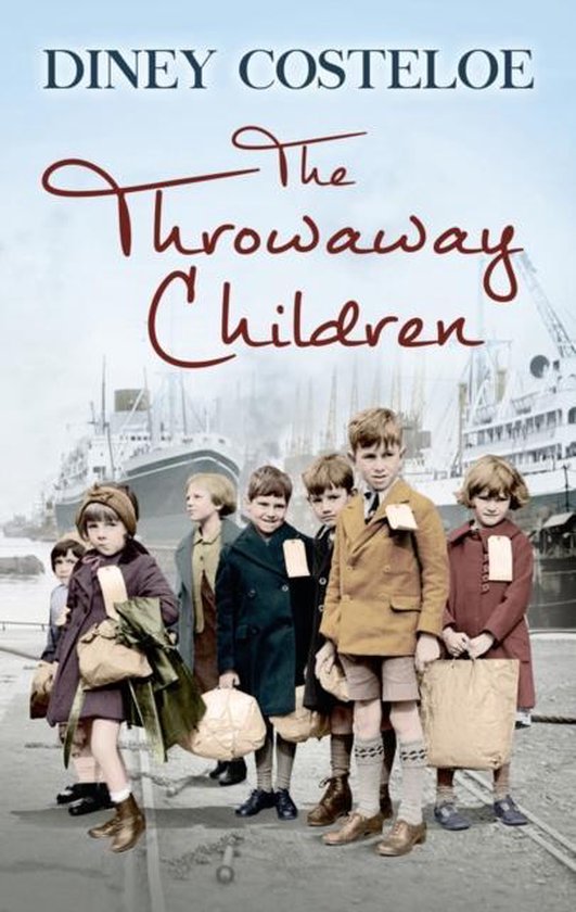 Boekcover van 'The Throwaway Children' met groep kinderen in oude kleding met koffers.