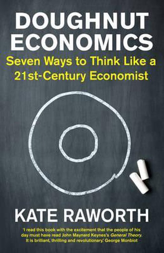 Boek "Doughnut Economics" met de titel, ondertitel en de naam van de auteur Kate Raworth op een schoolbord. Met een getekende donut.