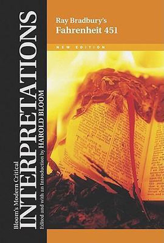 La couverture de 'Fahrenheit 451' de Ray Bradbury montre un livre en feu. Le texte vertical sur le côté indique 'Bloom's Modern Critical Interpretations'.