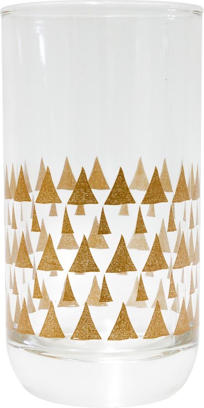 Een hoog glas met een patroon van gouden driehoekjes.