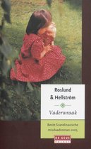 Boekomslag 'Vaderwraak'. Vrouw in rood jurkje met witte stippen, kind vasthoudend in de tuin. Beste Scandinavische misdaadroman 2005.