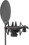 Zwarte schokdemper met popfilter en schroefbevestiging.