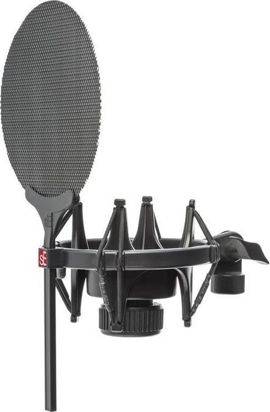 Zwarte schokdemper met popfilter en schroefbevestiging.