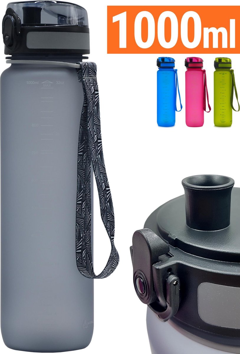Drinkfles 1 Liter - Sport Drinkbus 1000 ml Bidon Grijs 1L - King Mungo KMDF010