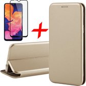 Hoesje geschikt voor Samsung Galaxy A10 - Screen Protector FullGuard - Book Case Leer ThinShield Goud & Screenprotector