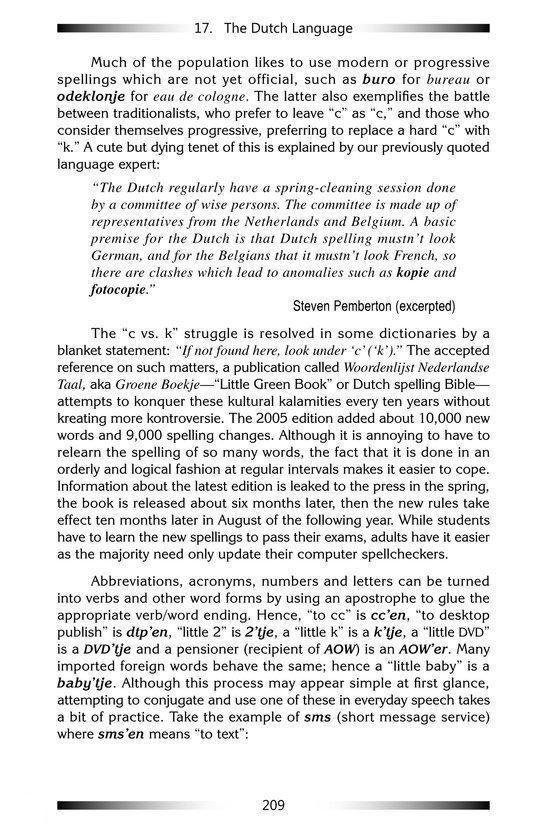 Pagina met tekst over de Nederlandse taal en de uitspraak van letters 'c' en 'k', met de titel 'The Dutch Language'.