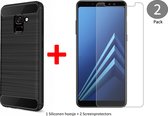 Geborsteld Hoesje voor Samsung Galaxy A8 (2018) Soft TPU Gel Siliconen Case Zwart + 2x Tempered Glass Screenprotector Transparant