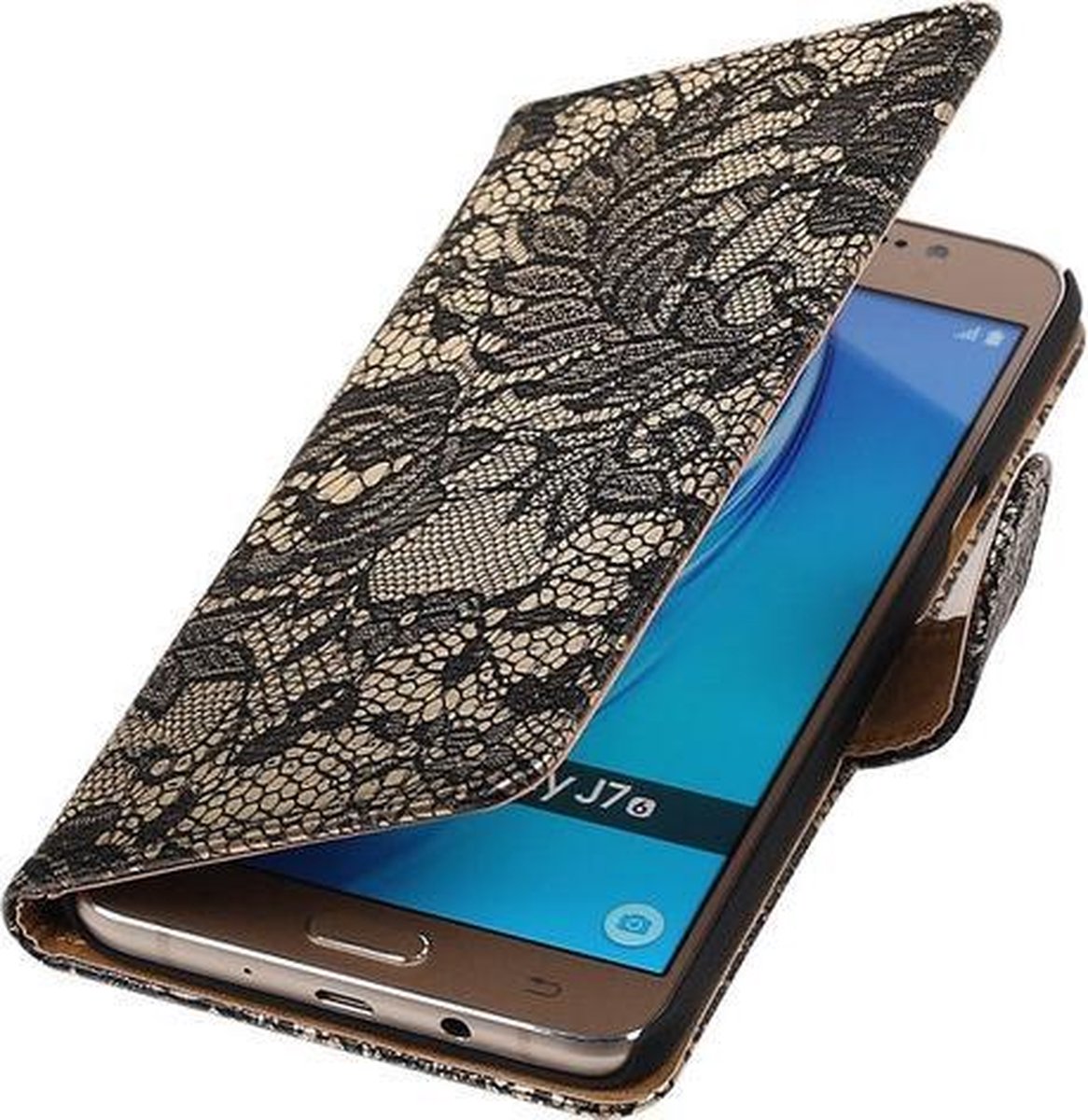 Zwart Lace booktype cover hoesje voor Samsung Galaxy J7 2016